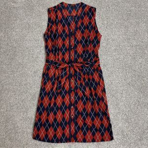 GAYAK Dress Womens Medium Red Argyle Sleeveless Button Front Shirt Belted V Neck